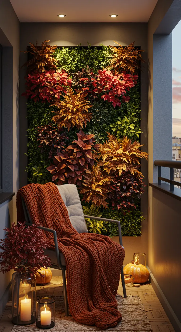 A balcony with a vertical garden filled with red and orange foliage, styled with a cozy throw and pumpkins.