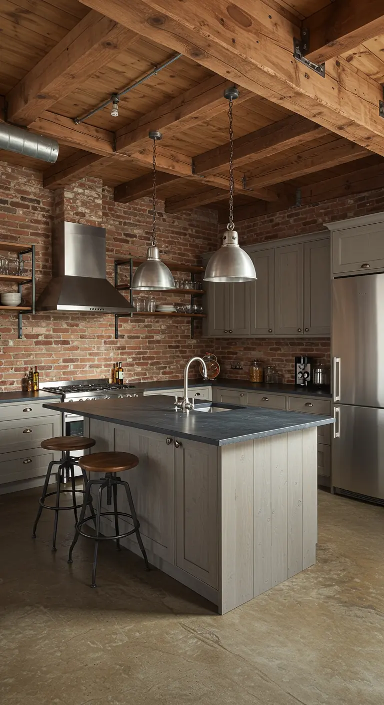 Industrial-rustic kitchen with a brick wall, concrete floor, and gray cabinets.