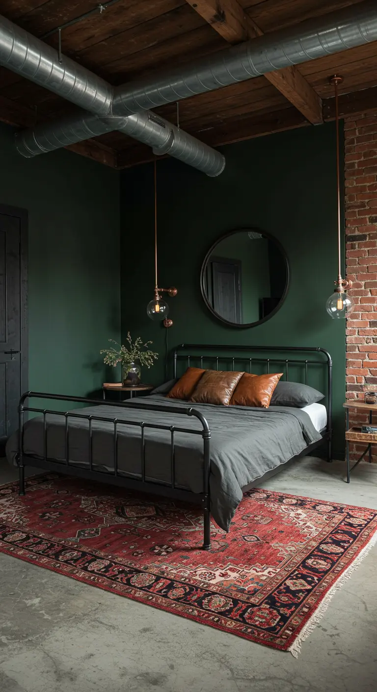 Industrial bedroom with green walls, exposed brick, a black metal bed, and copper pipe lighting.