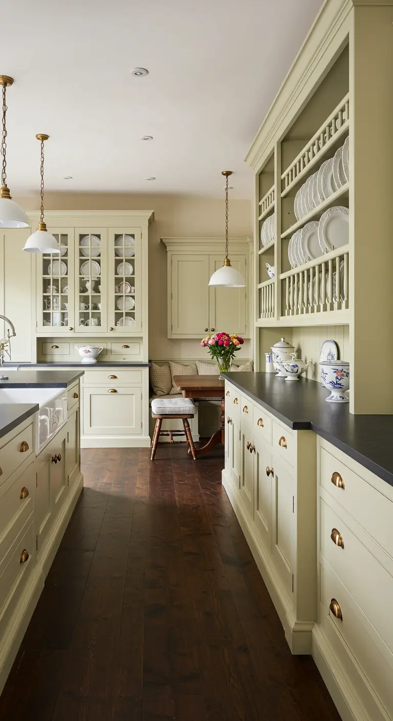 Long country kitchen with pale green cabinets, dark wood floors, and pendant lighting.