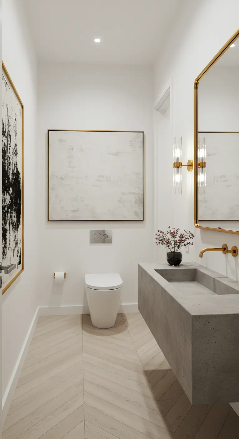Modern powder room with a floating concrete sink, abstract art, and brass fixtures.