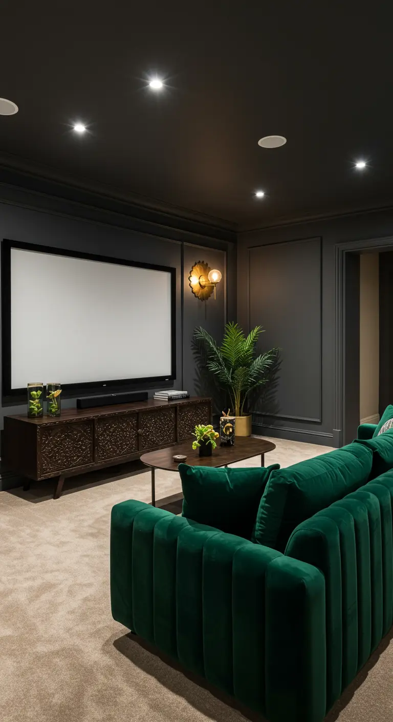 Dark media room with a large screen, an emerald green velvet sofa, and a carved console.
