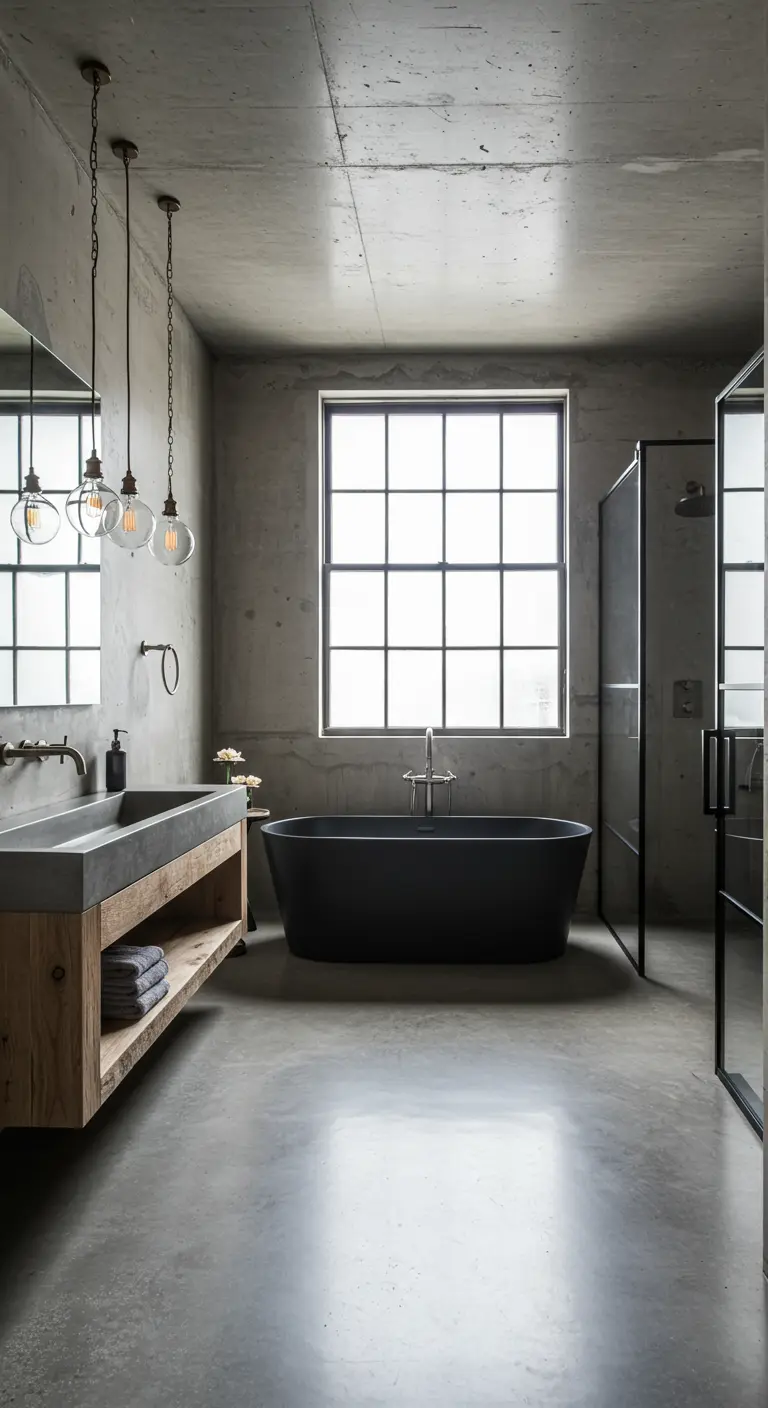 Industrial bathroom with concrete walls, a wood vanity, and a black freestanding tub.
