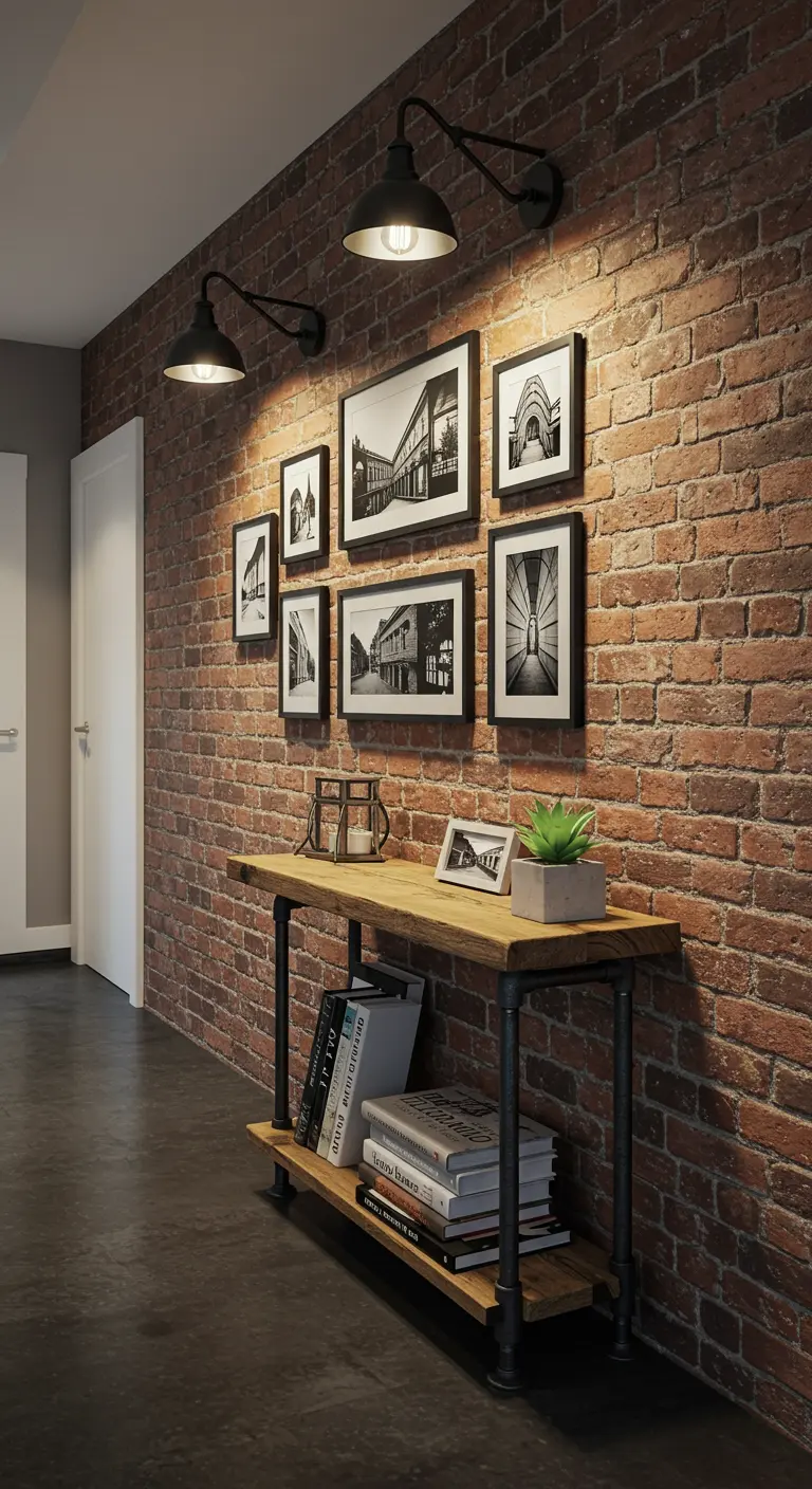 Hallway with an exposed brick wall, an industrial pipe console table, and gooseneck wall sconces.