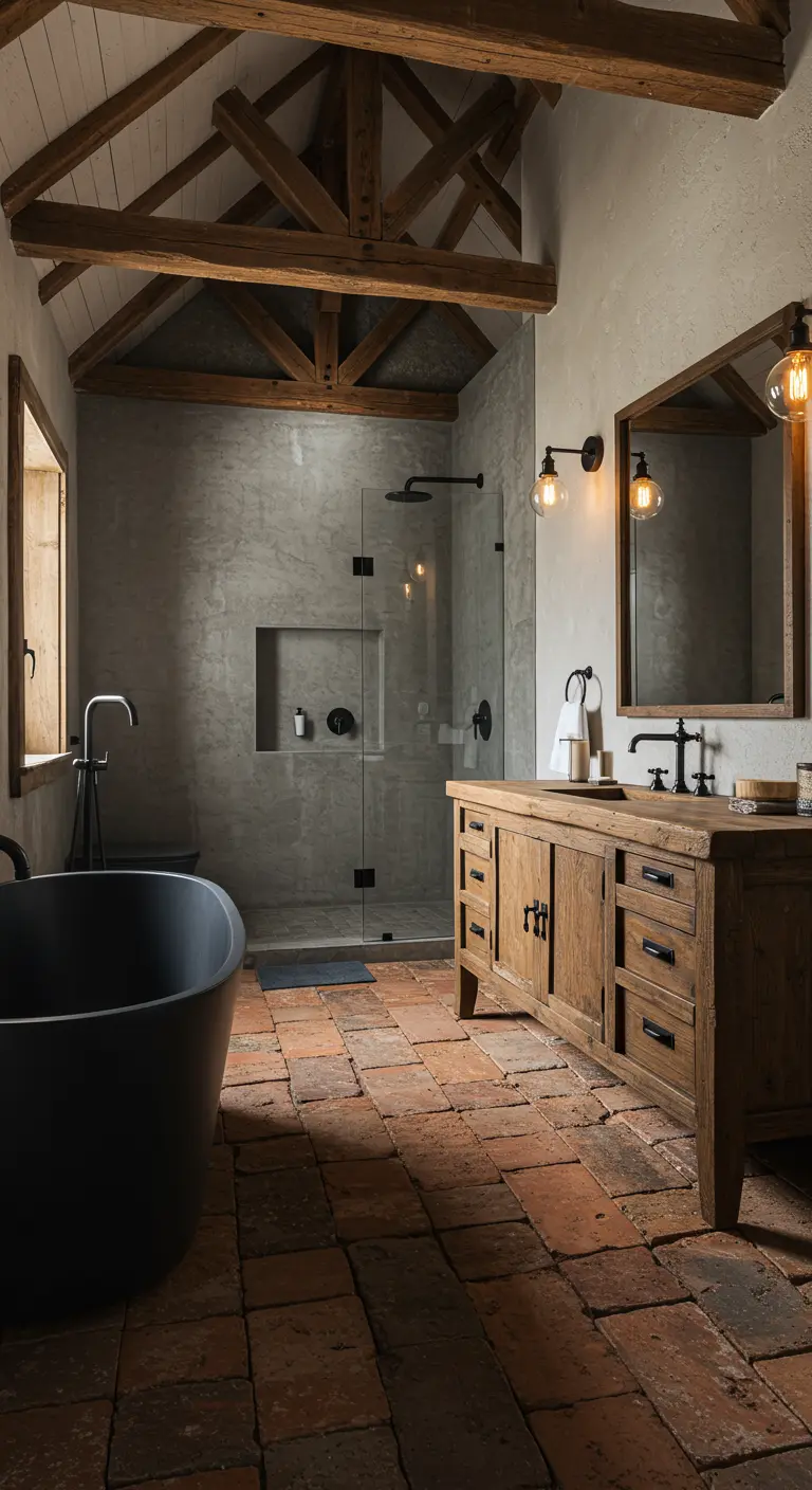 Rustic bathroom with exposed wood beams, a brick floor, and a modern glass shower.