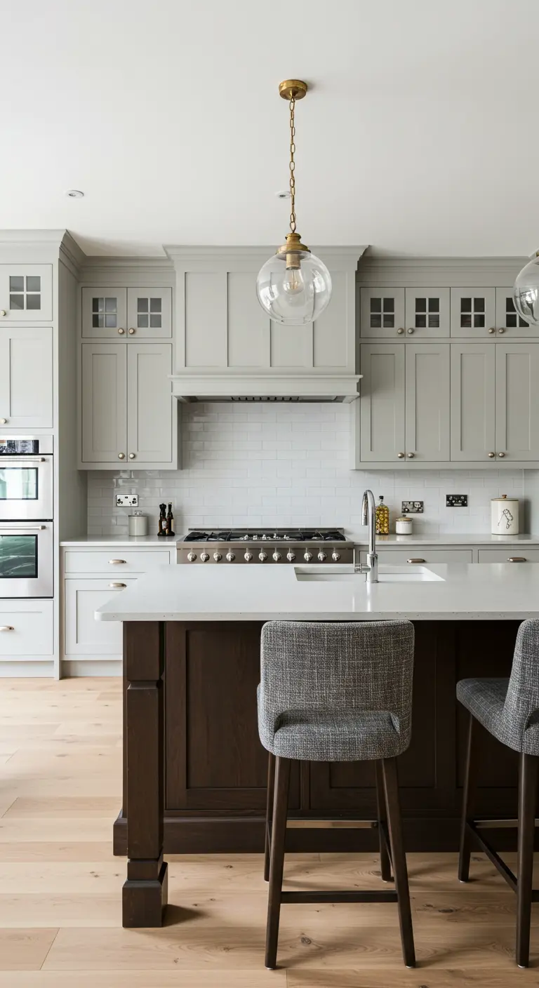 Grey kitchen with glass-front upper cabinets, a dark wood island, and grey upholstered stools.