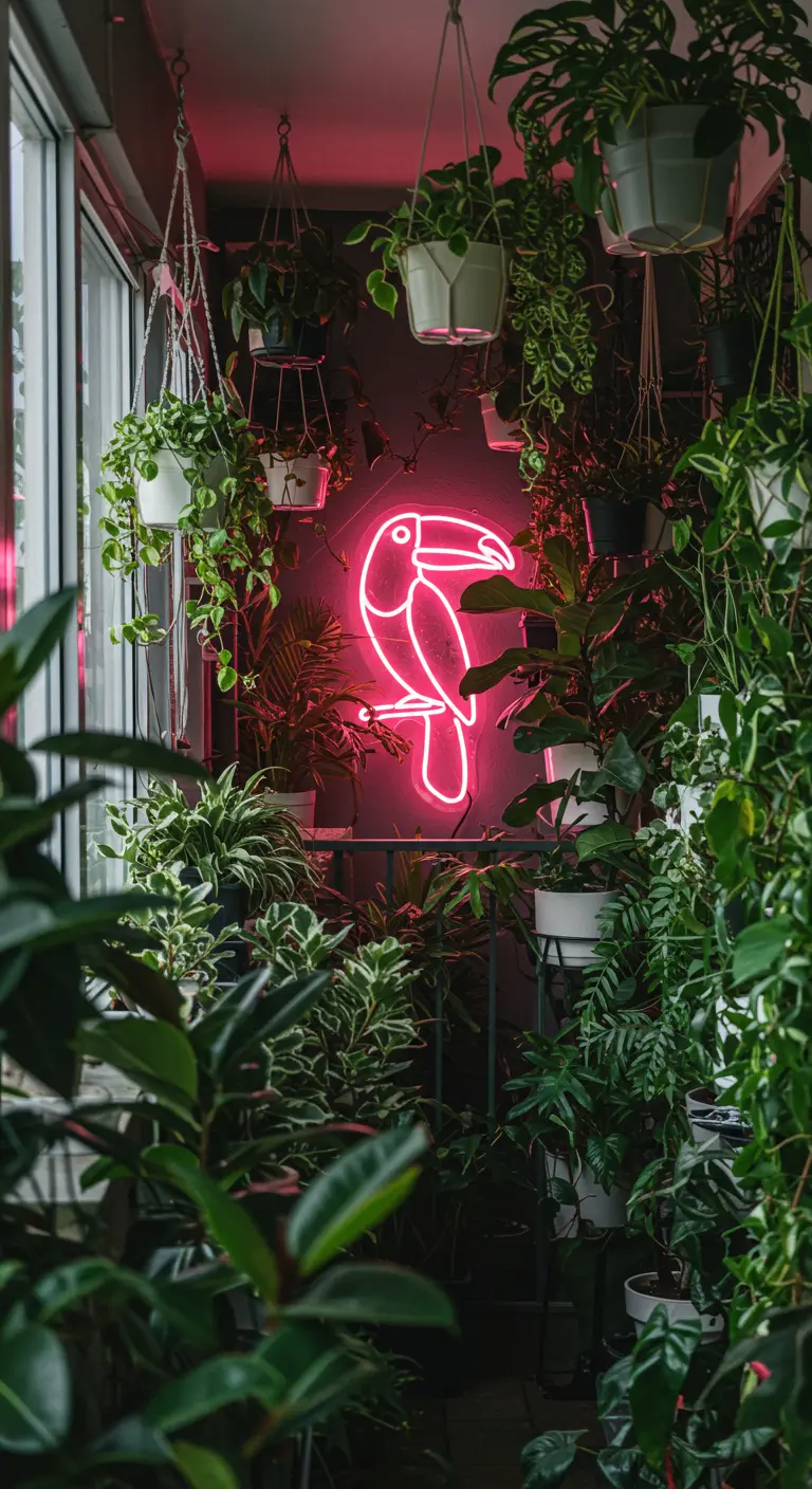 A dense indoor jungle on a balcony with a pink neon toucan sign glowing among the plants.