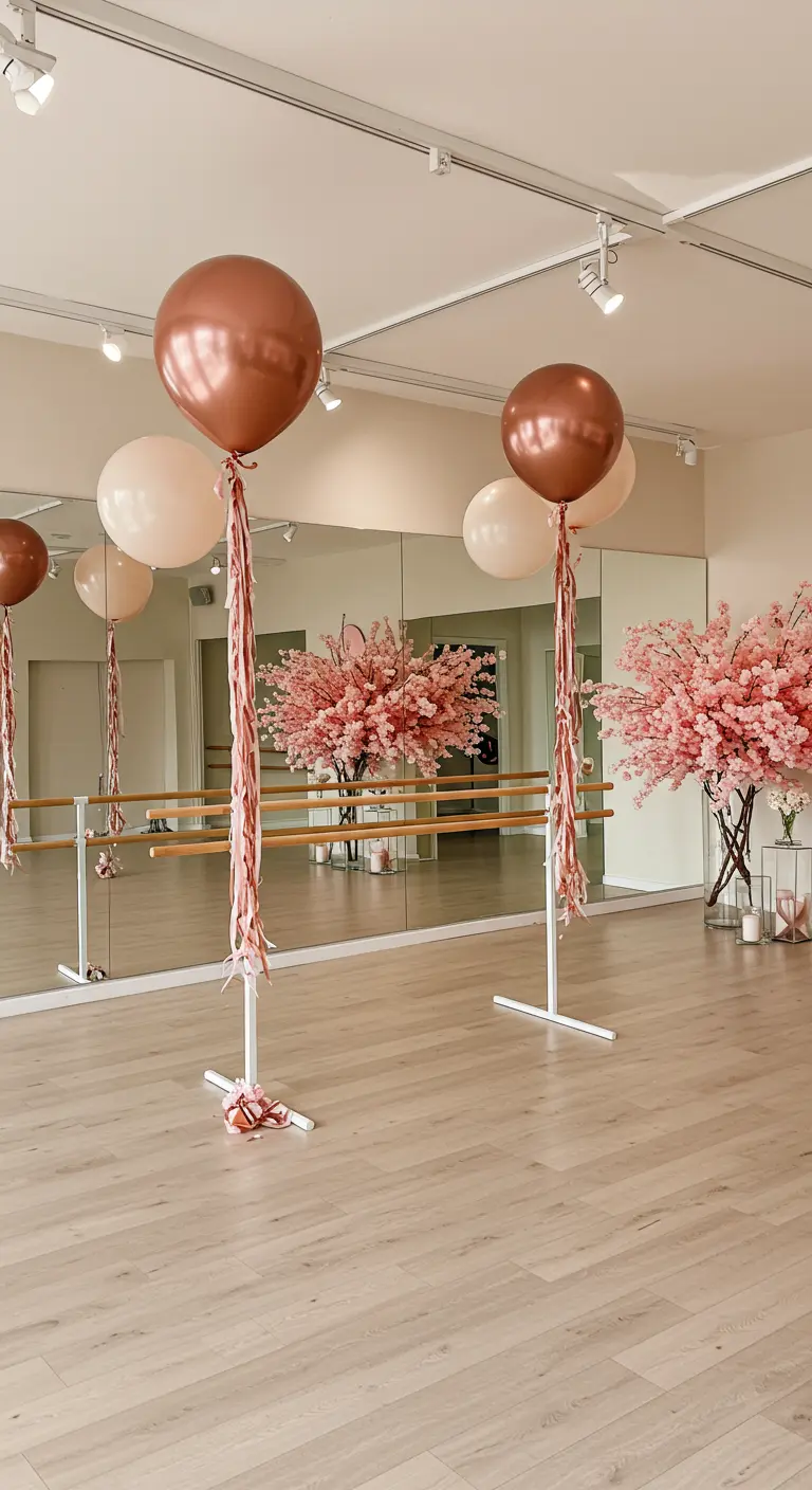 Rose gold and pink balloons on stands with long ribbon tails in a ballet studio.