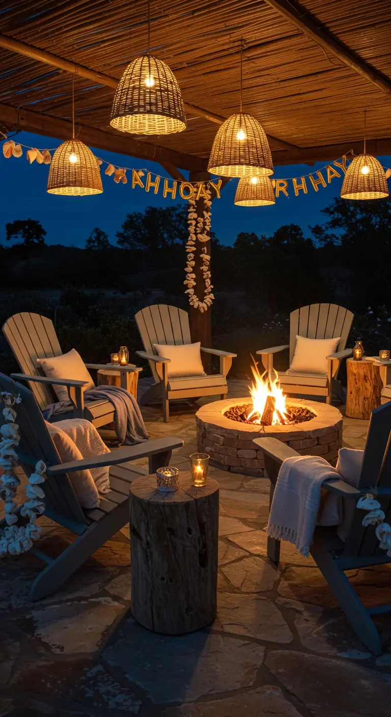 Beach bonfire with Adirondack chairs, shell garlands, and birthday banner.
