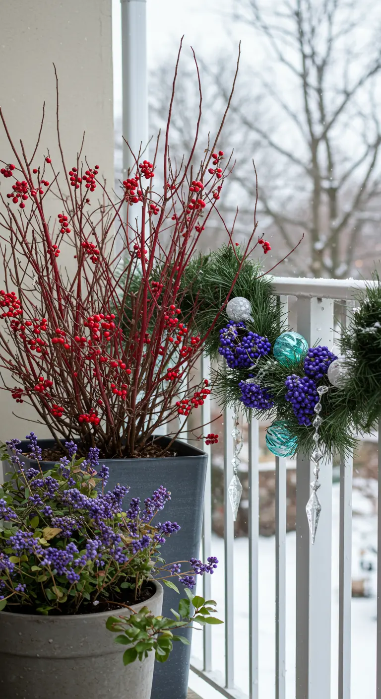 A balcony with red winterberry branches and a wreath with purple and turquoise ornaments.