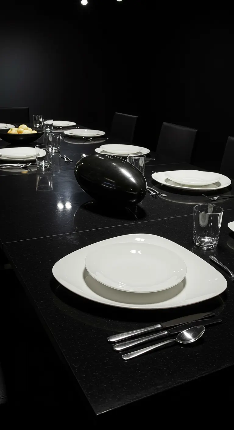 An all-black dining table with a glossy black sculptural centerpiece and white plates.