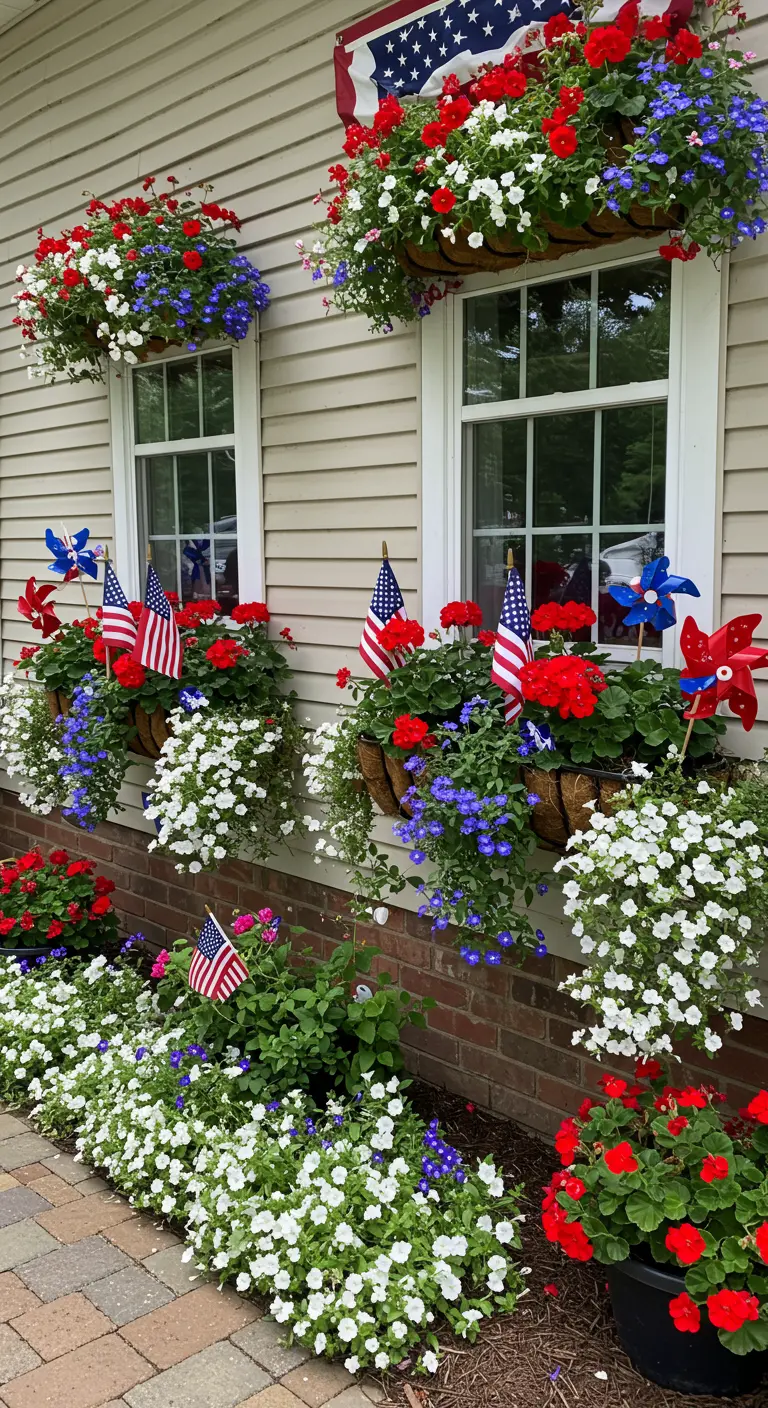 Window boxes filled with red, white, and blue flowers, flags, and pinwheels.