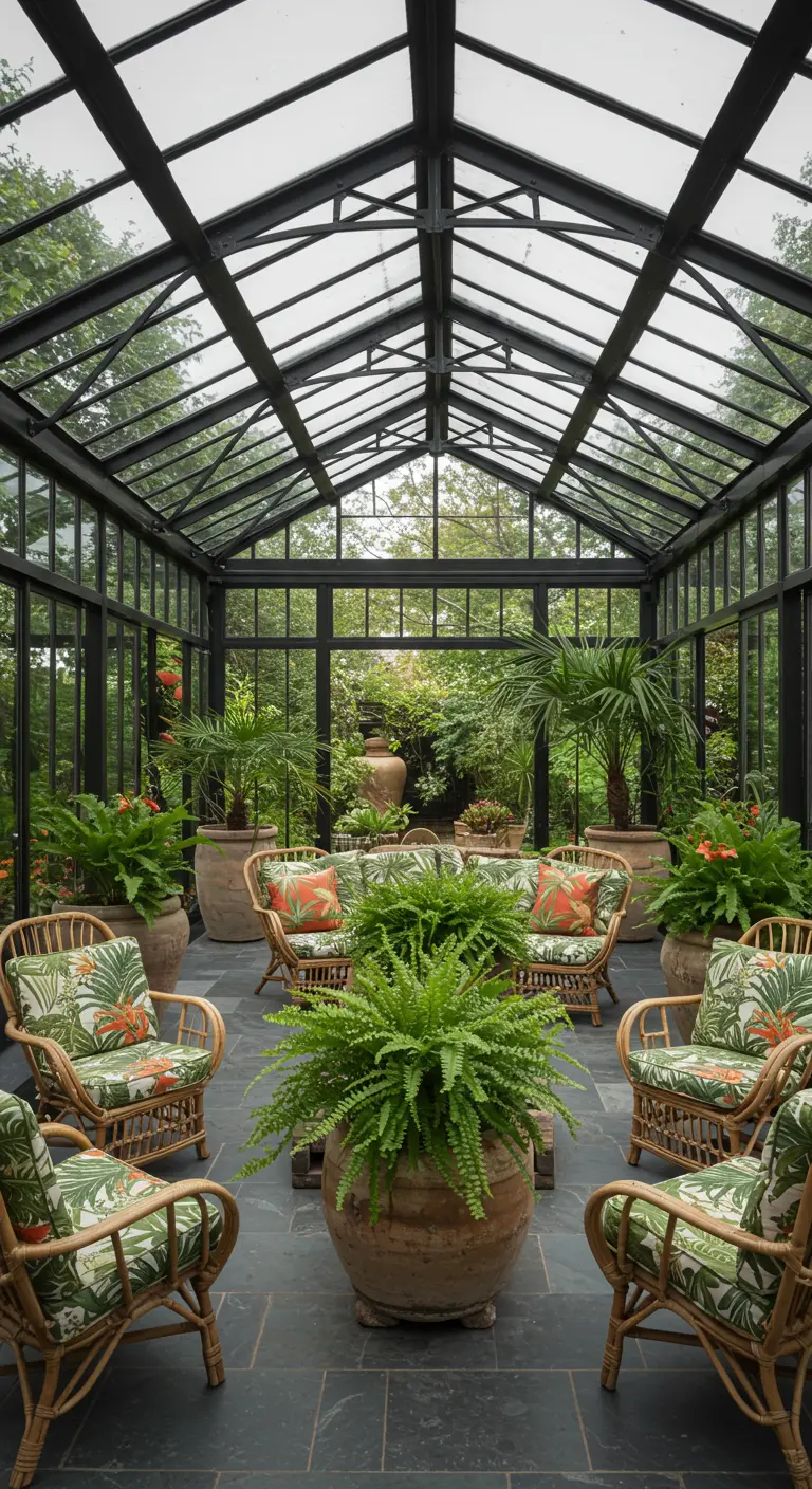 A glass-enclosed sunroom filled with potted plants and rattan armchairs.