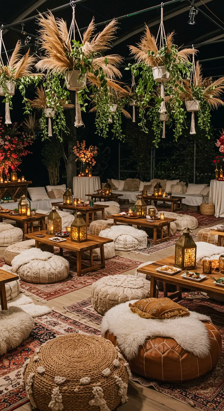 A low-seating party setup with Moroccan poufs, rugs, and hanging floral installations.