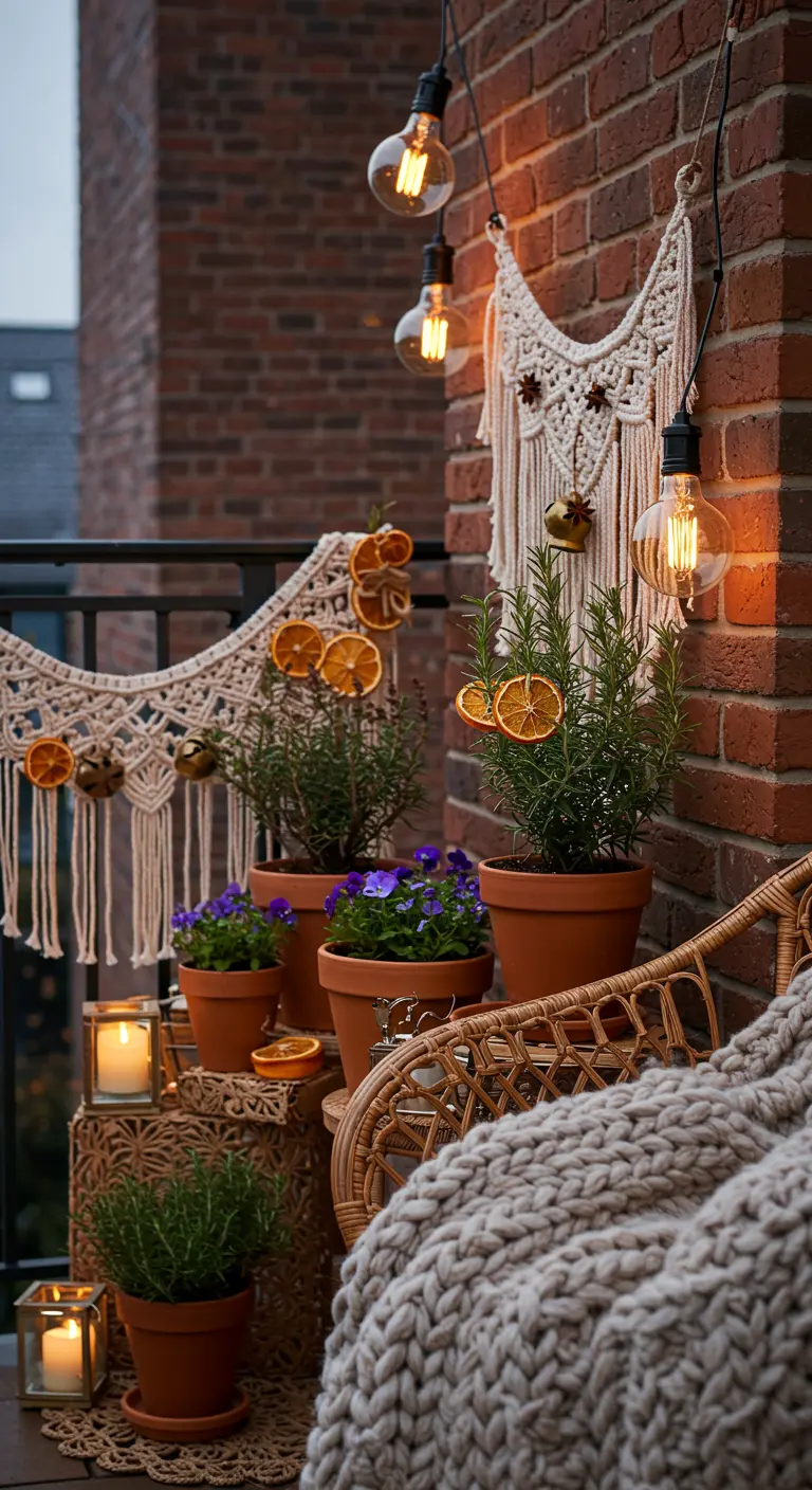A cozy bohemian balcony with macrame, dried oranges, potted herbs, and warm lights.