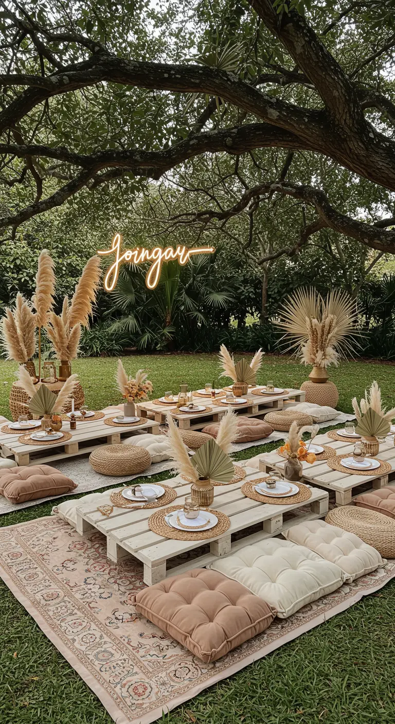 Boho picnic setting with low pallet tables, cushions, and a neon sign in a garden.