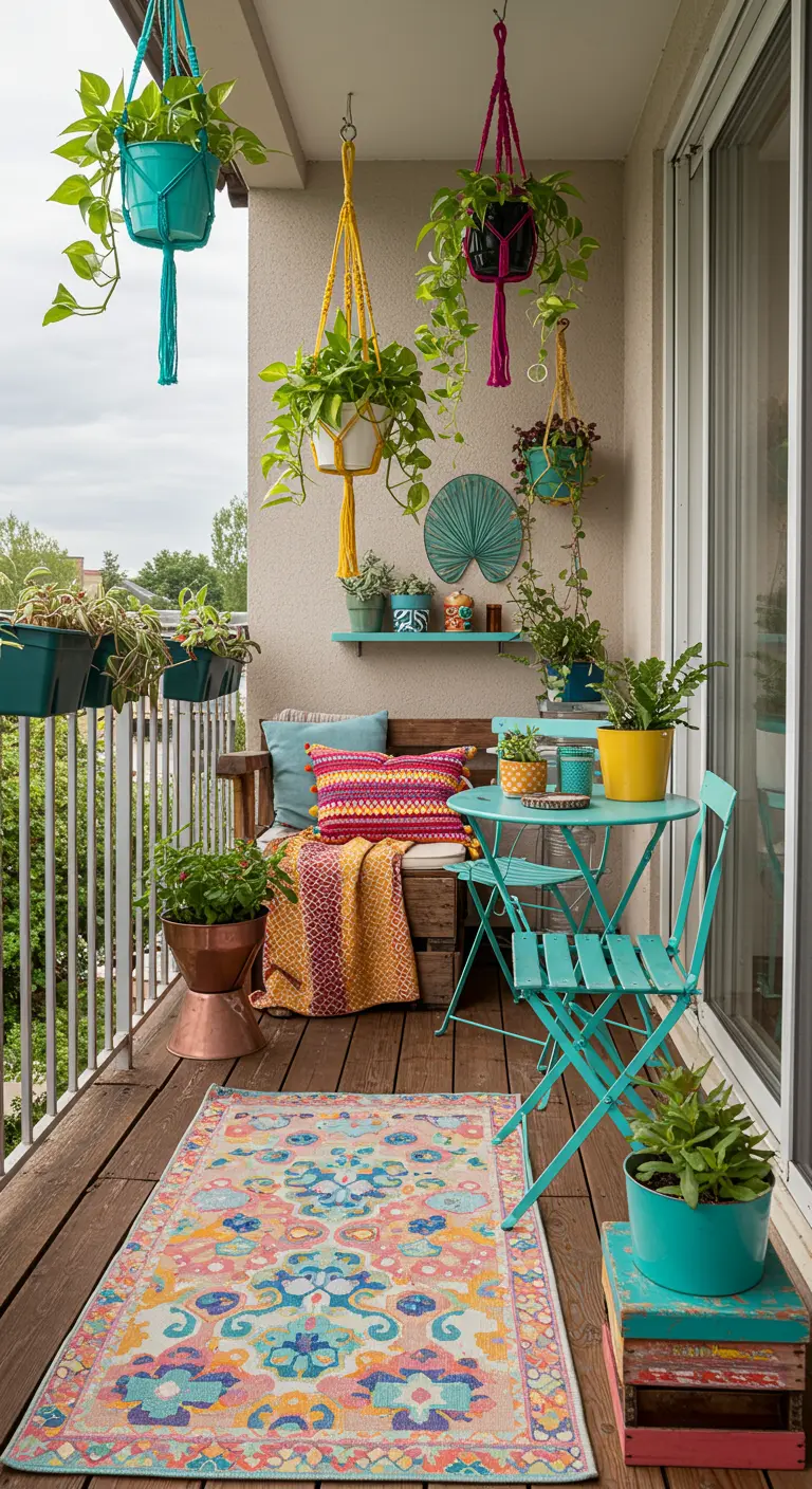 Colorful bohemian balcony with turquoise bistro set and vibrant planters.