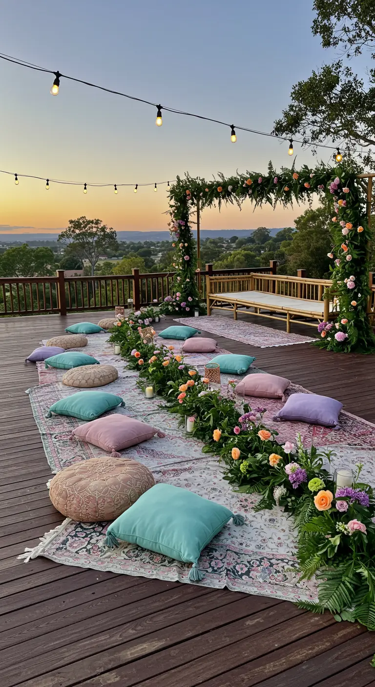 A large wooden deck set for a party with floor cushions, rugs, and floral garlands.