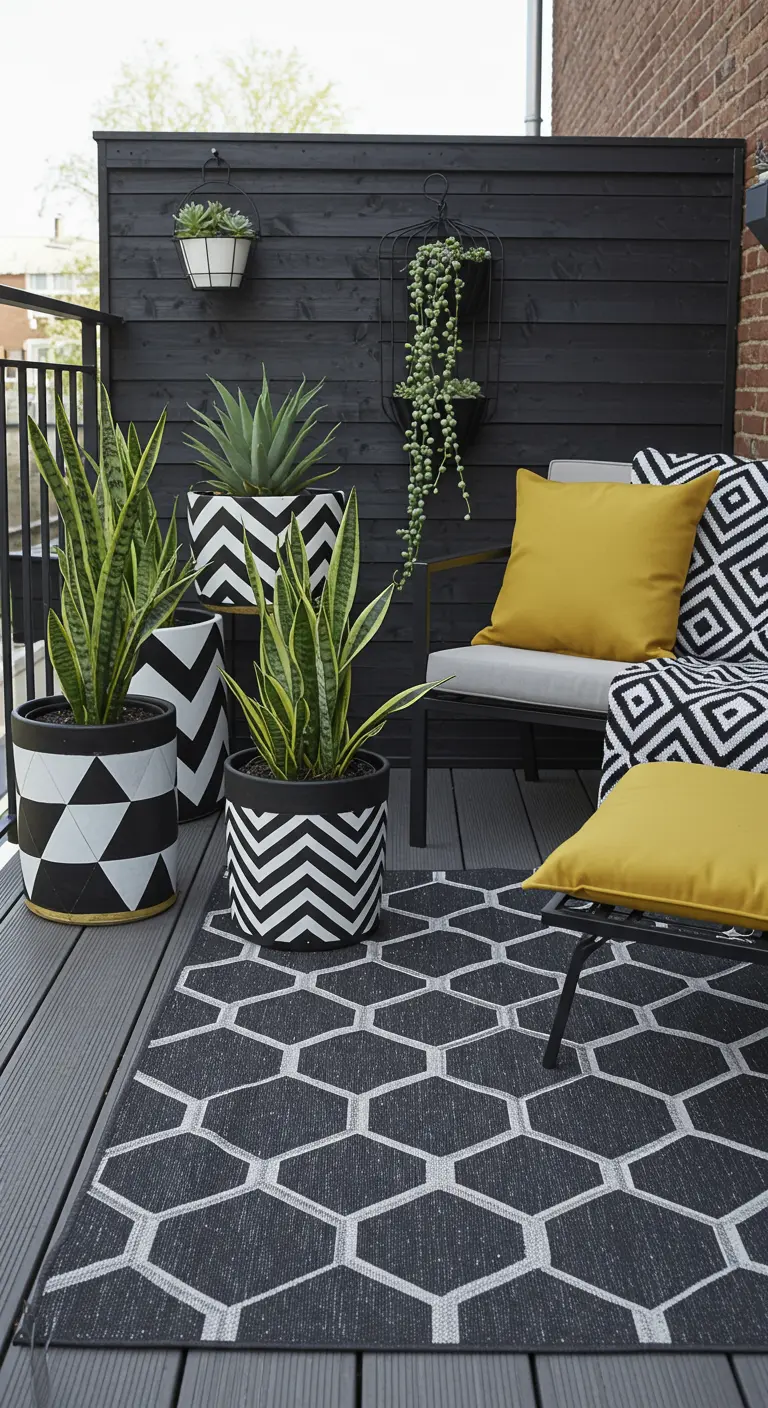 A modern balcony with black-and-white geometric-patterned pots and yellow accent cushions.