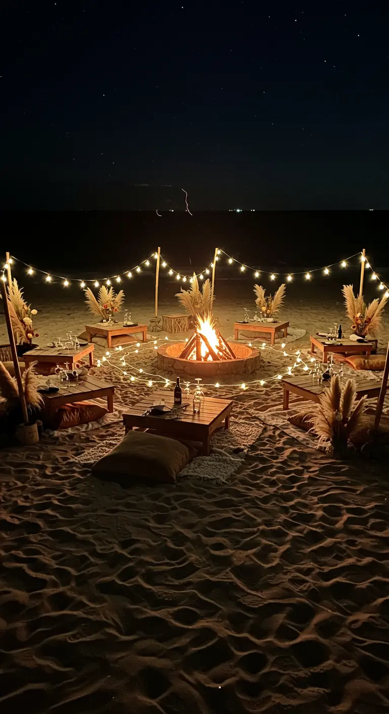 Beach party at night with low tables and pillows arranged around a central bonfire.