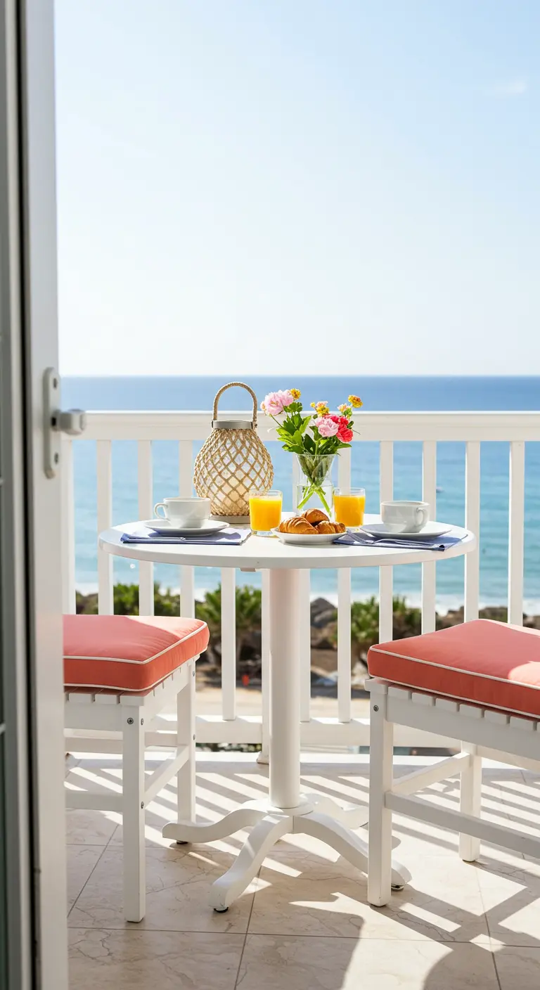 White bistro table and stools with coral cushions set for breakfast on a balcony.