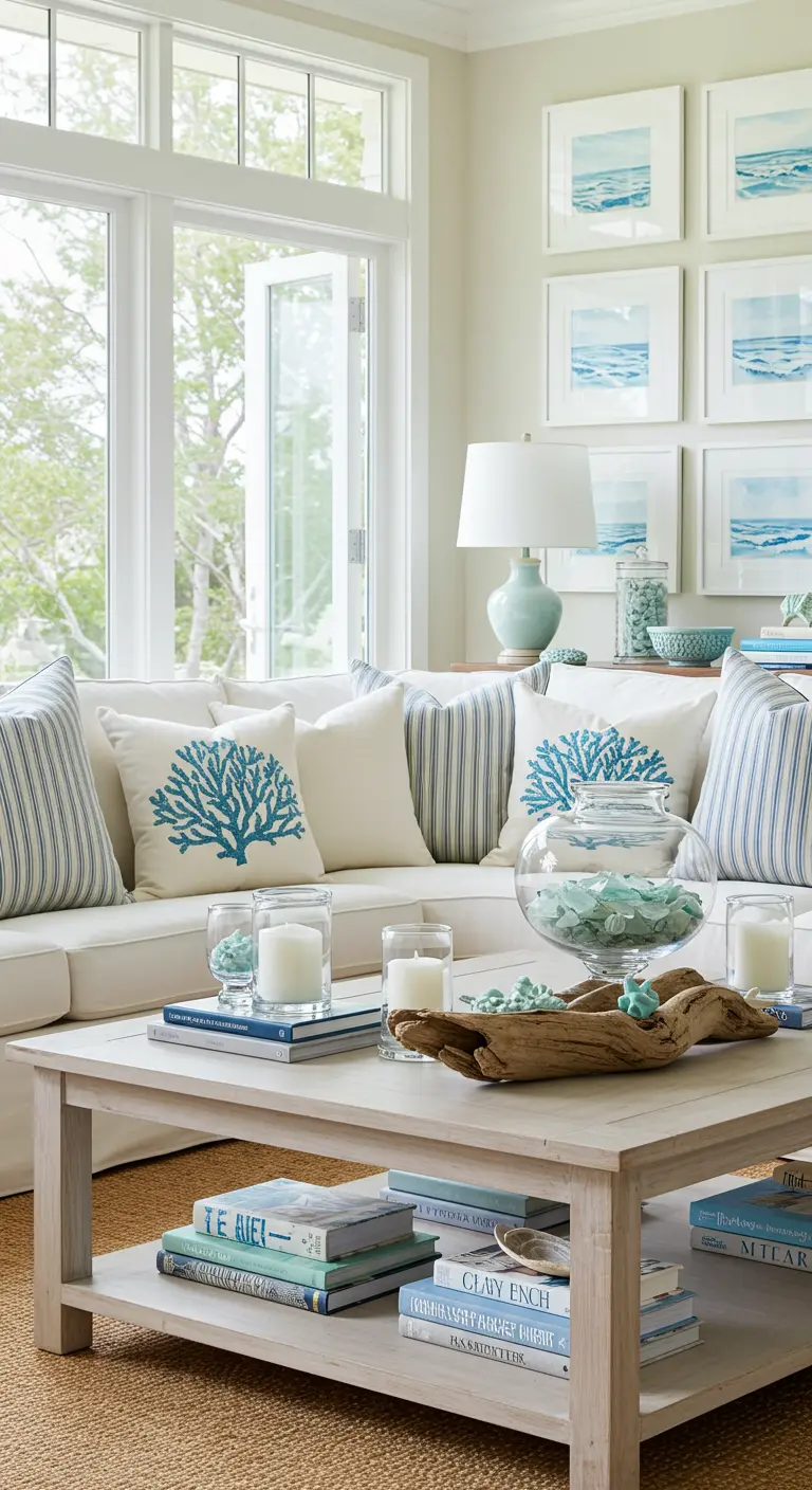 Coastal-themed living room with coral-print pillows, driftwood, and jars of sea glass.