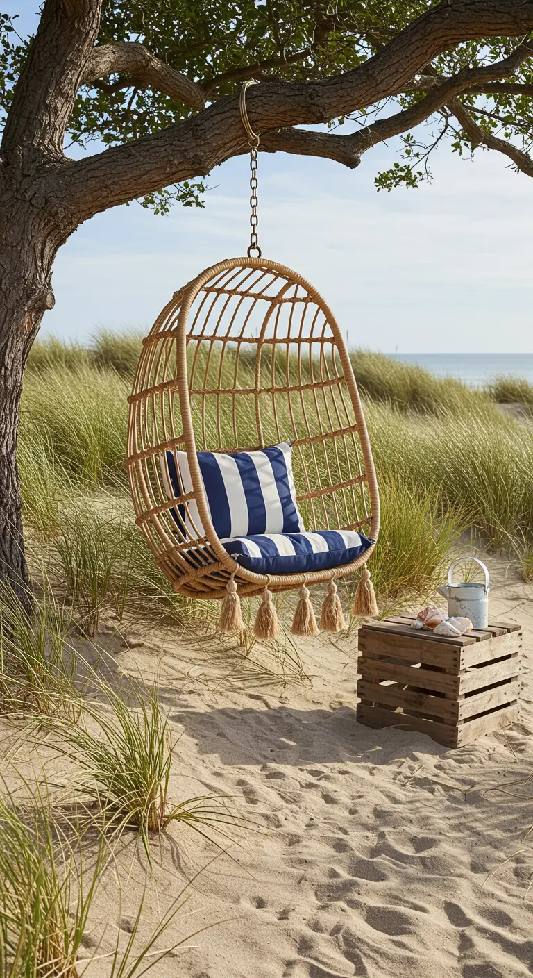 A rattan egg chair with navy and white striped cushions on a sandy beach with dune grass.