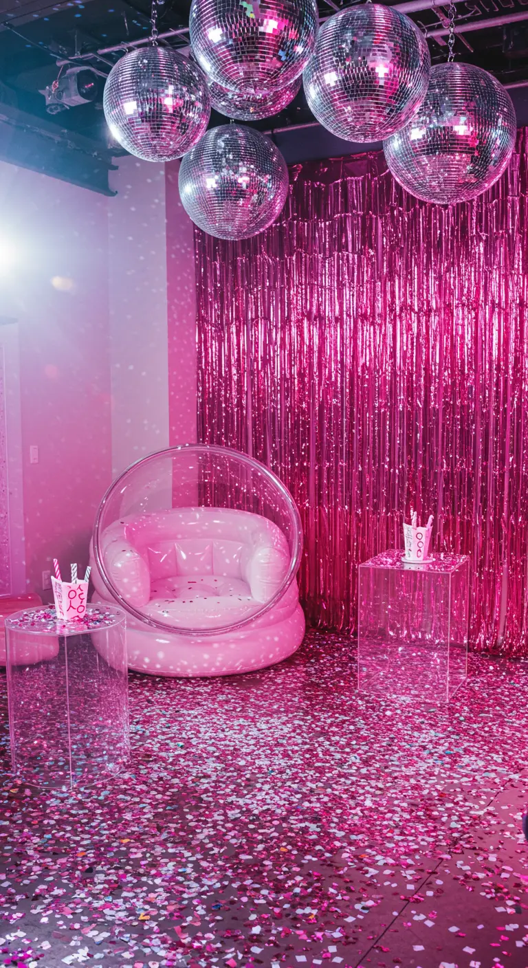 A hot pink party scene with a pink fringe backdrop, disco balls, and confetti on the floor.