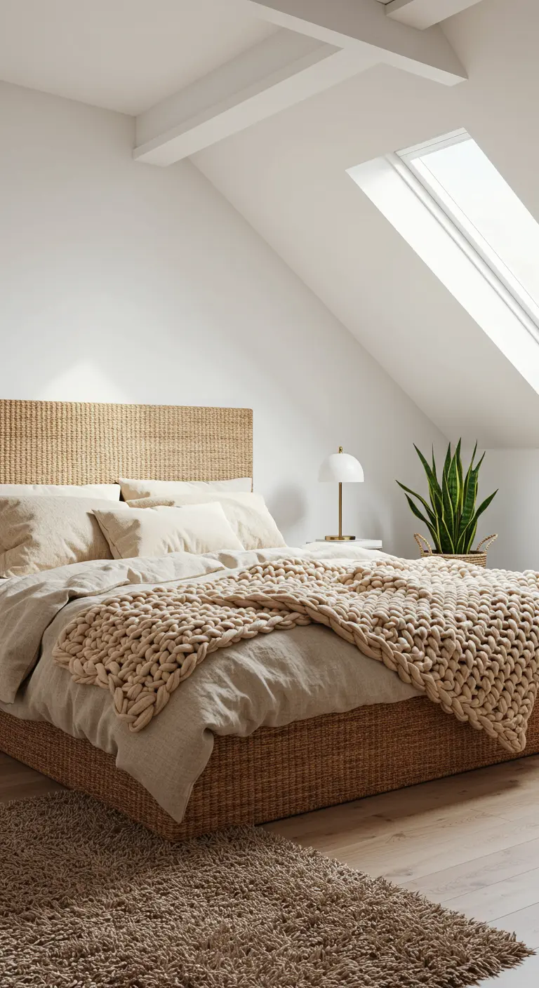 Loft bedroom featuring a woven seagrass bed and a chunky knit blanket.