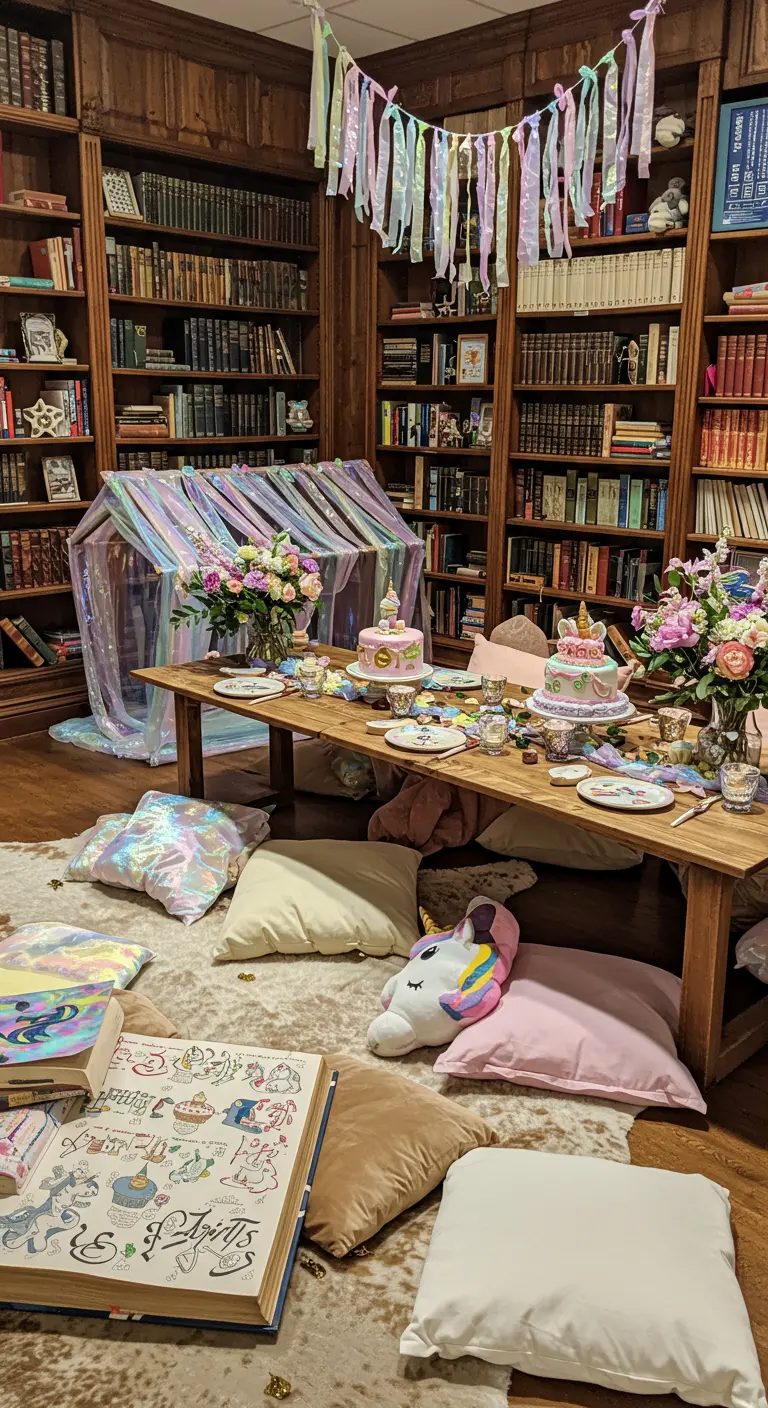 A cozy party fort made of iridescent fabric in a library setting.