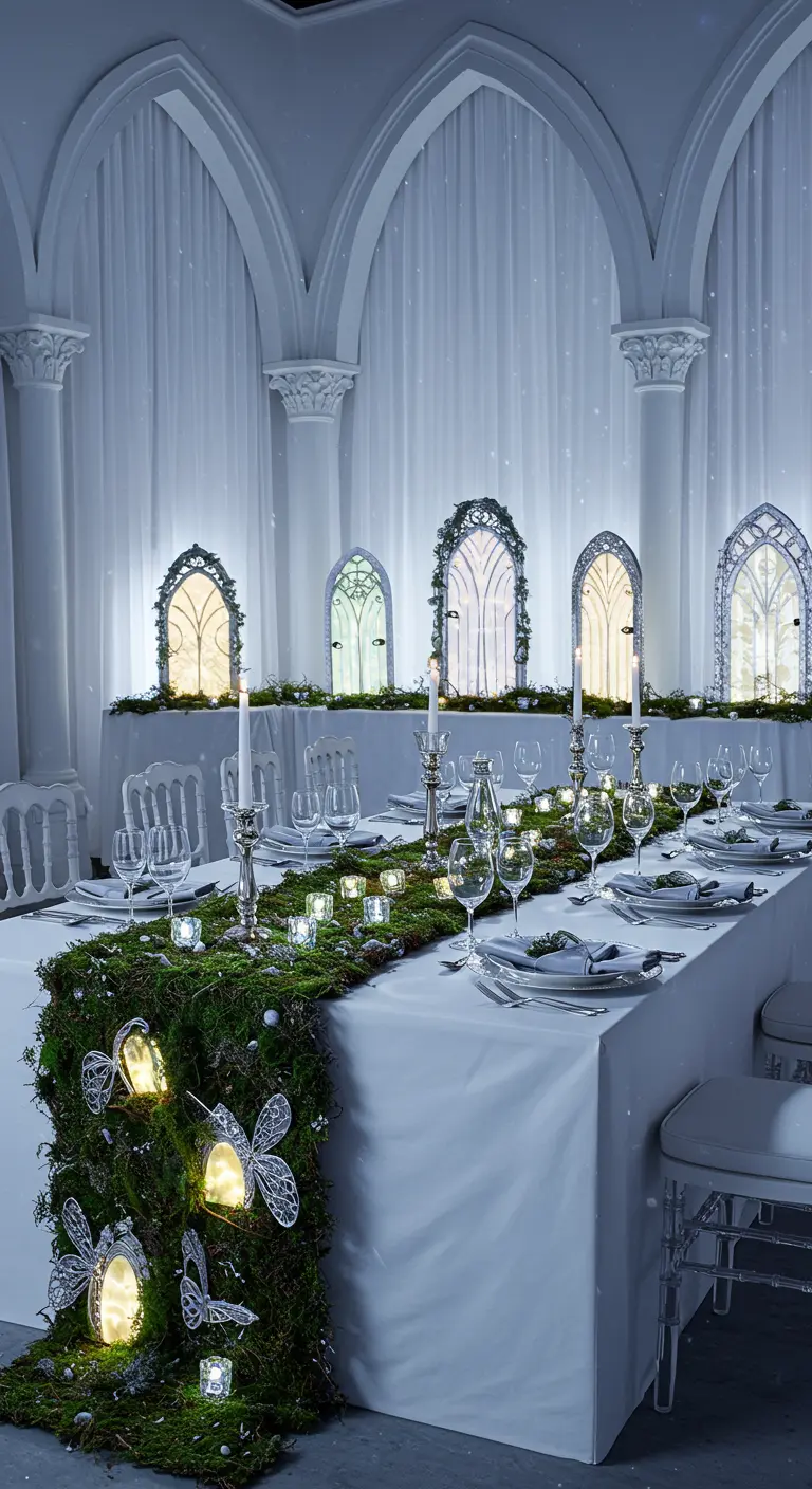 An elegant white-themed party with a moss runner, glowing fairy wings, and lighted cathedral windows.