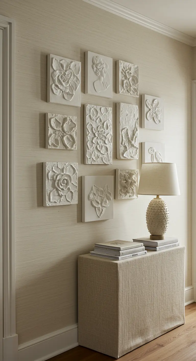 Monochromatic cream entryway with textured wallpaper, a fabric console, and plaster art.