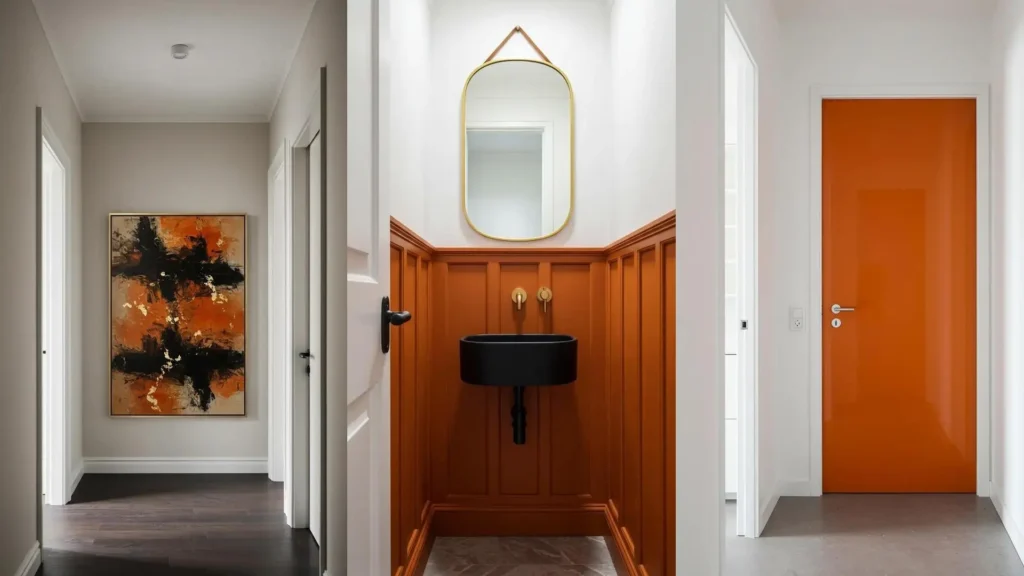 Modern interiors featuring burnt orange accents: terracotta-toned walls, bold orange doors, and striking abstract art.