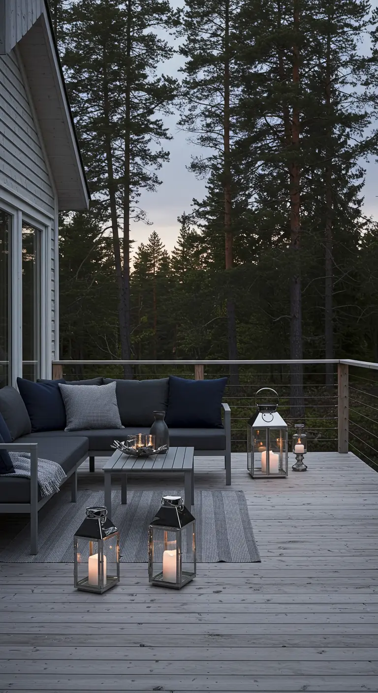 Modern grey deck furniture with navy cushions, lanterns, and a forest view.