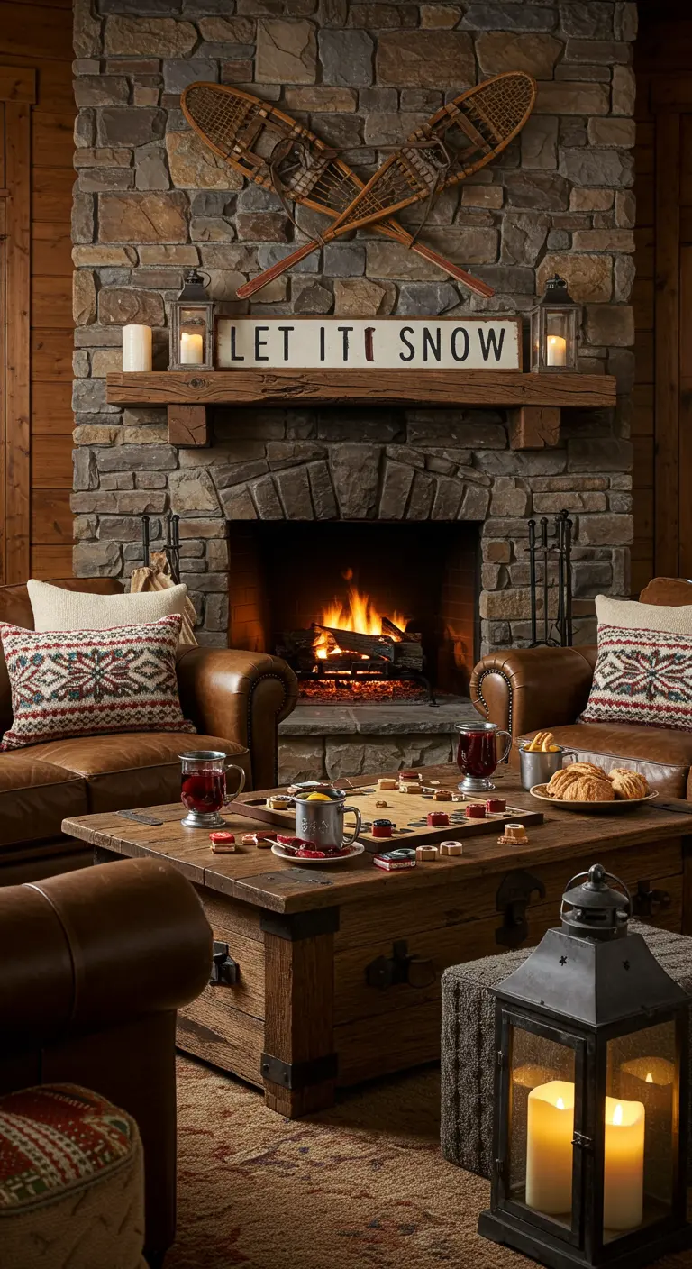 Cozy cabin living room with a stone fireplace, snowshoes on the wall, and mugs of hot cocoa.