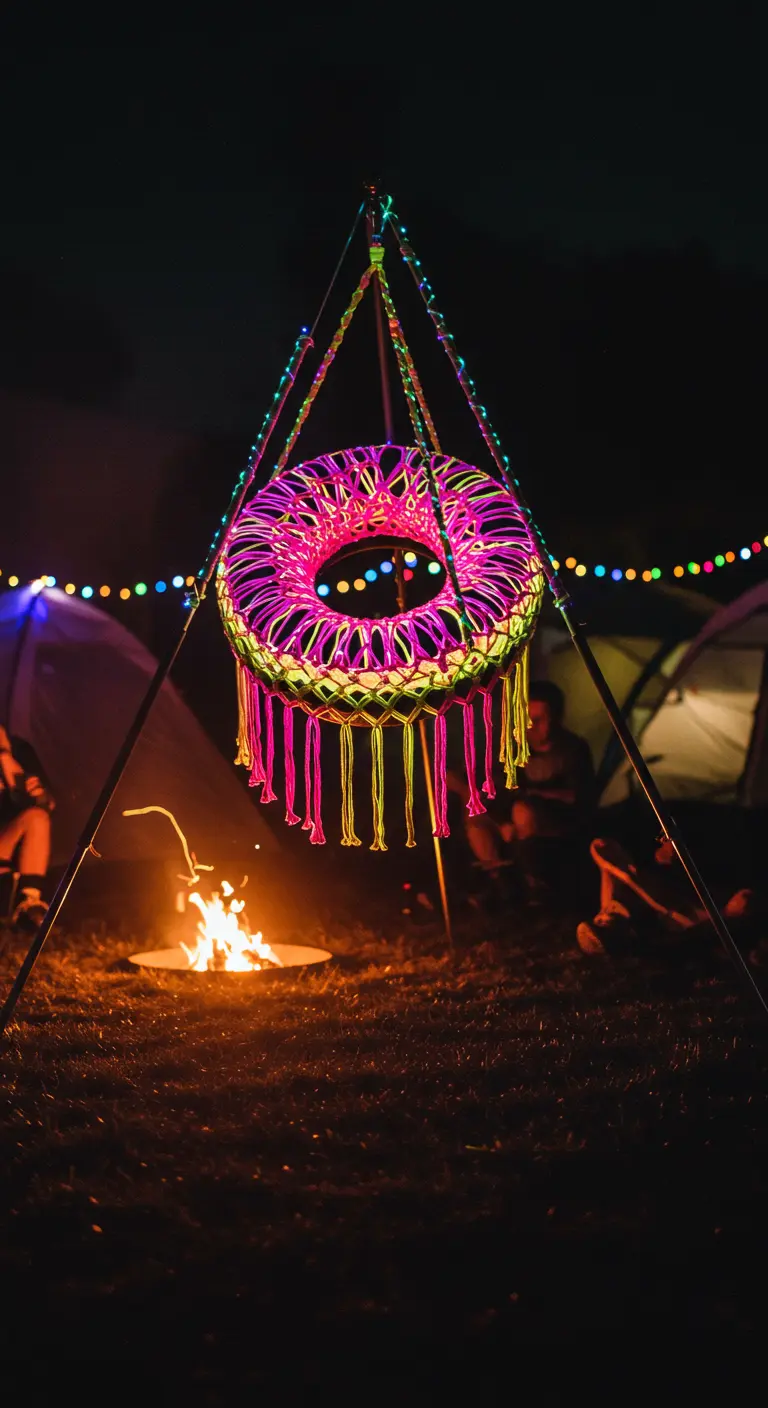 Neon macramé tire swing glowing by a campfire at night.