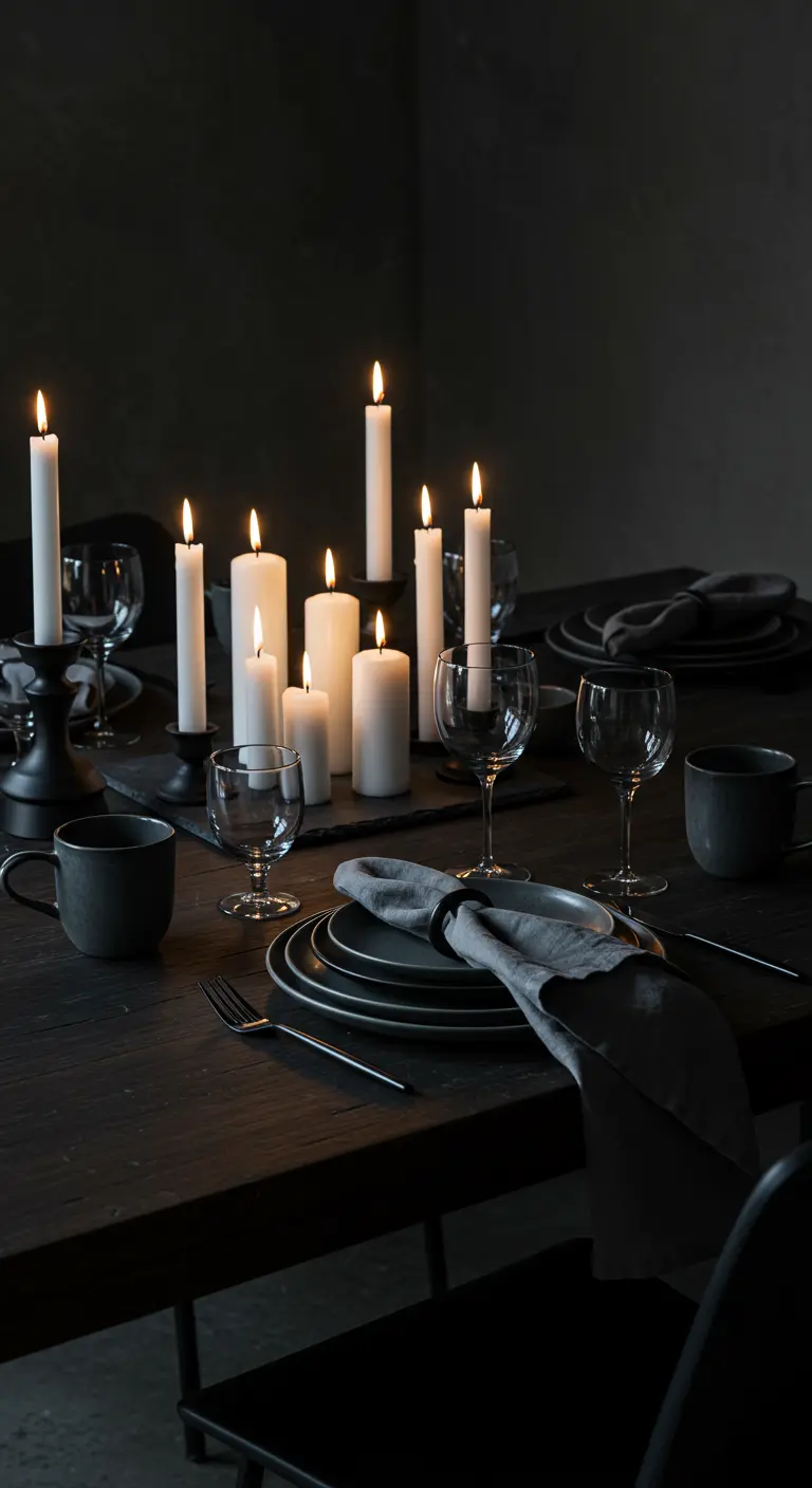 A dark table illuminated solely by a dense cluster of white candles.