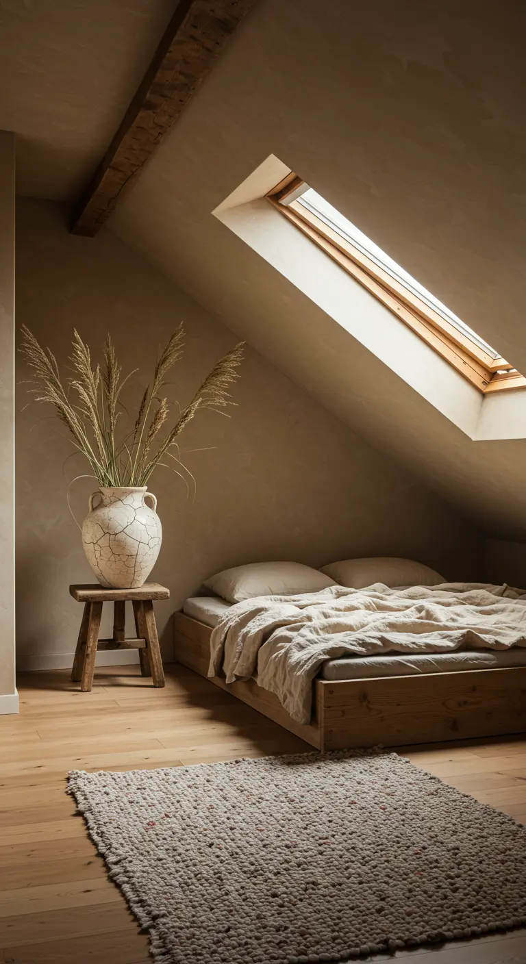 Earthy loft bedroom with plaster walls and a large vase of dried grasses.