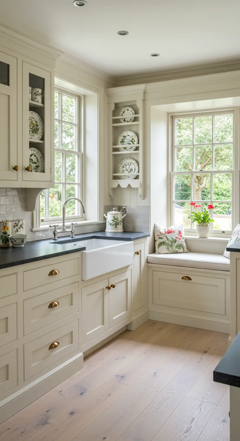 Buttermilk kitchen with a farmhouse sink and a cozy window seat with a floral cushion.