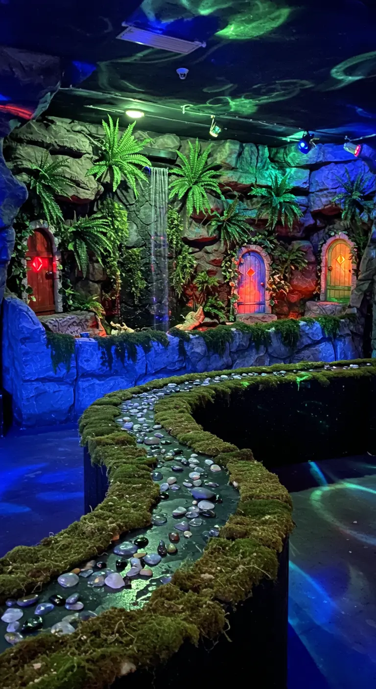 An indoor party designed to look like a magical cave with glowing doors and a winding stone path.