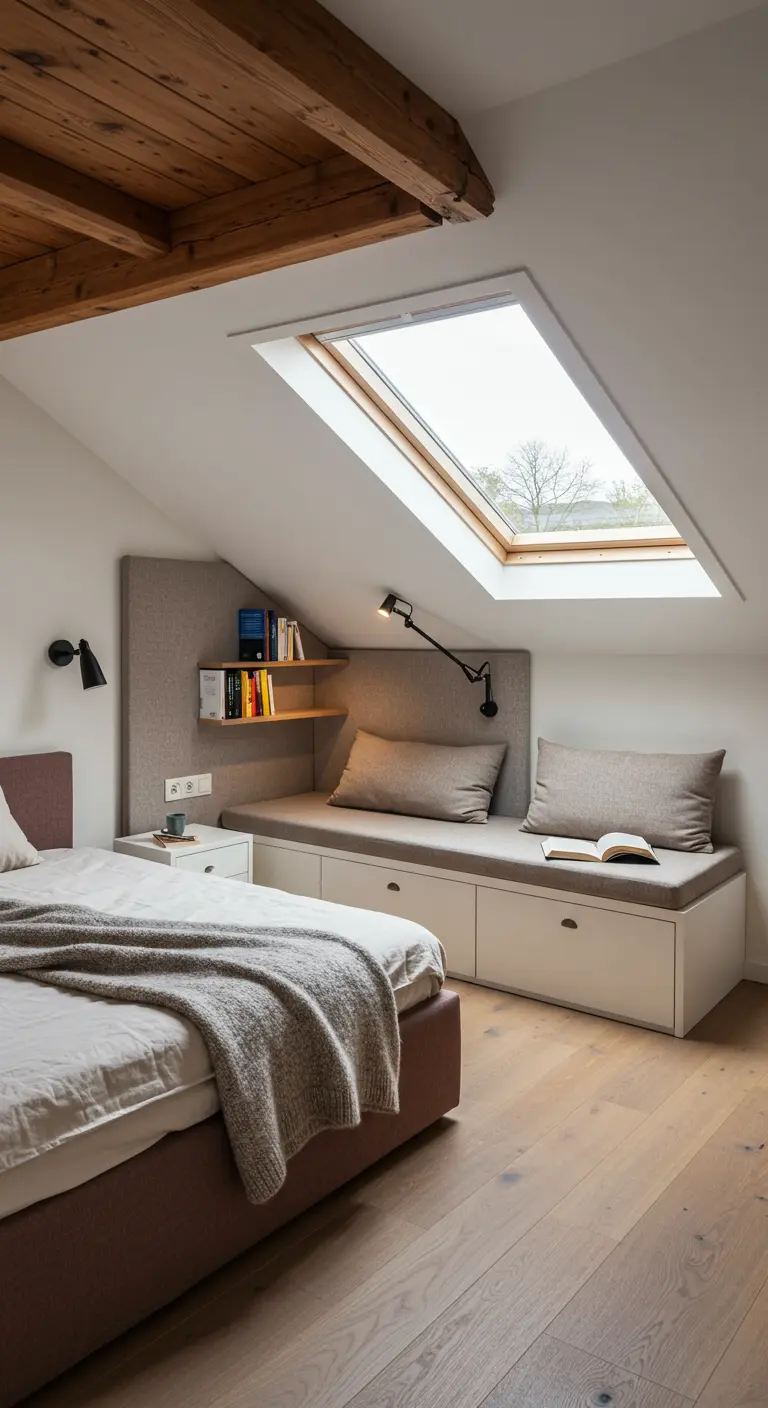 Loft bedroom with a built-in reading nook and storage under a skylight.