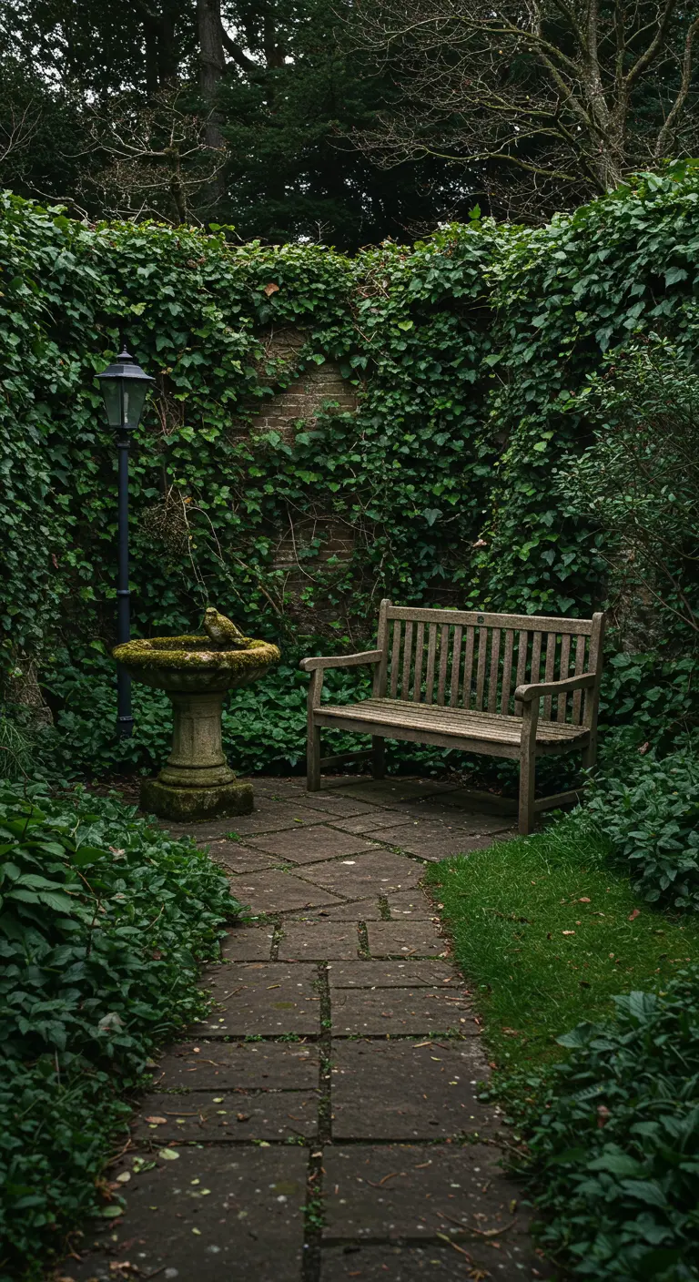 A weathered wooden bench in a secluded garden nook, surrounded by ivy with a stone birdbath.