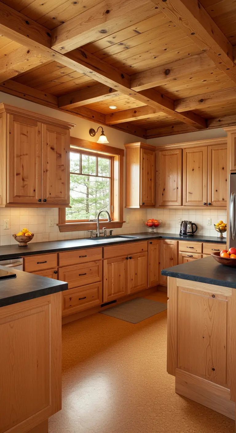 Rustic kitchen with knotty pine cabinets and cork flooring.