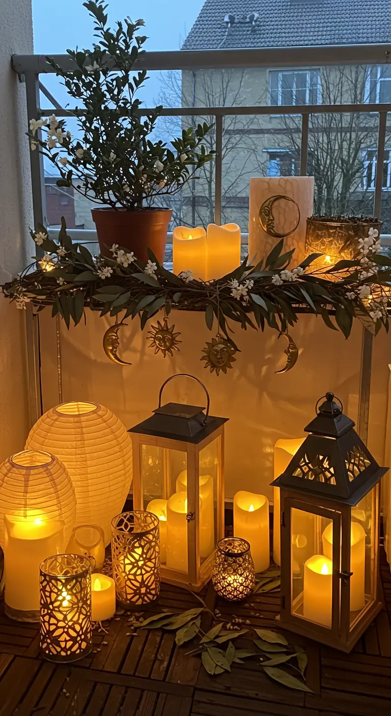 A balcony table filled with glowing lanterns, candles, and celestial-themed ornaments.
