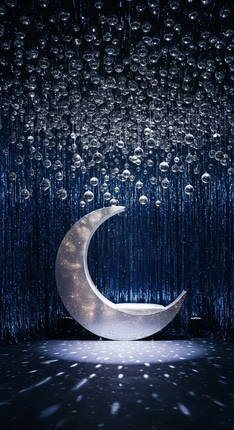 A night sky-themed backdrop with a blue fringe curtain, hanging baubles, and a large moon seat.