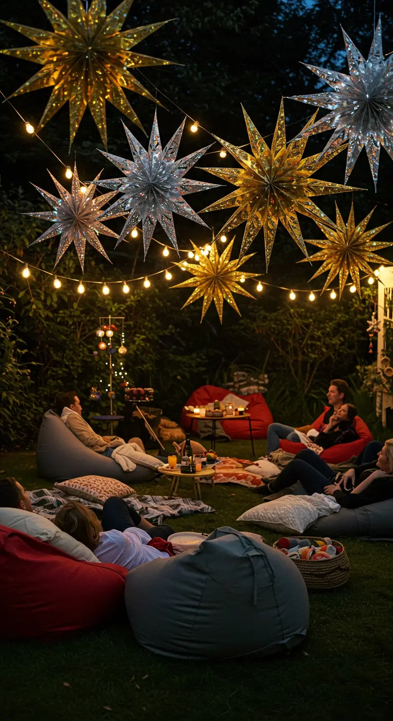 A cozy outdoor party at night with large, glowing gold and silver paper star lanterns hanging above.