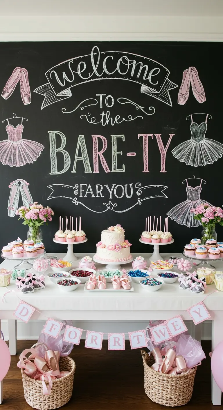 A dessert table with a large chalkboard backdrop featuring ballet-themed chalk art.