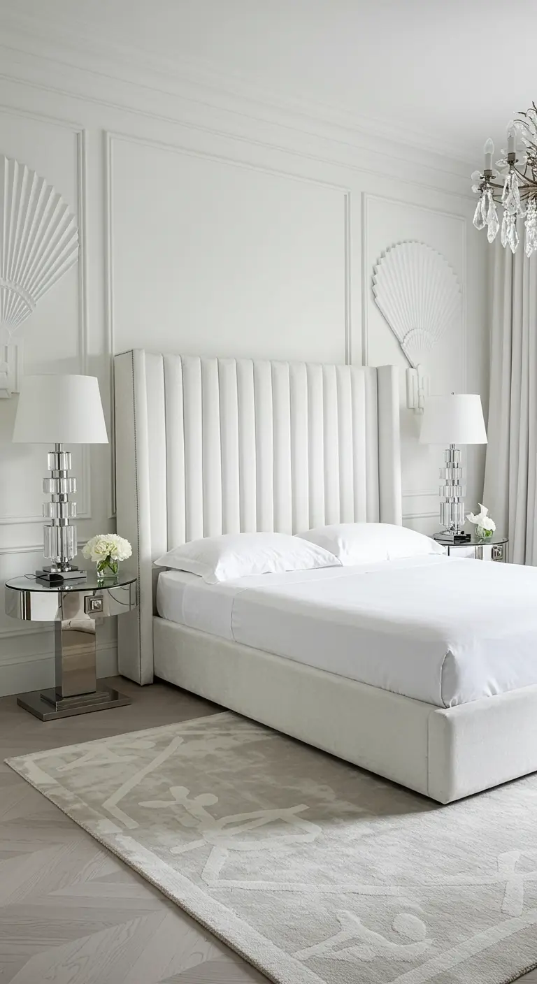 A glamorous white bedroom with a tall channel-tufted headboard and symmetrical crystal lamps.