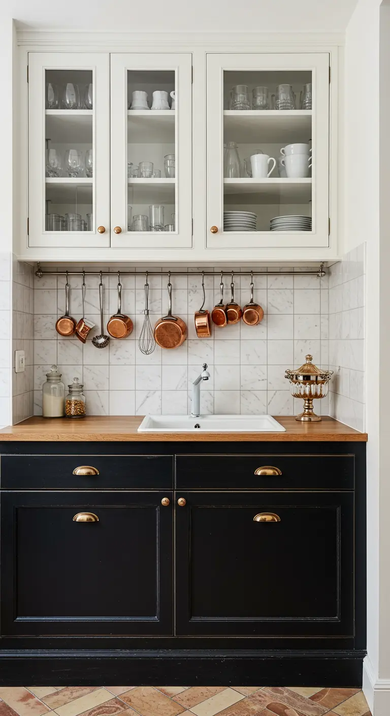 Black and white kitchen with glass-front cabinets and a rail of hanging copper pots.