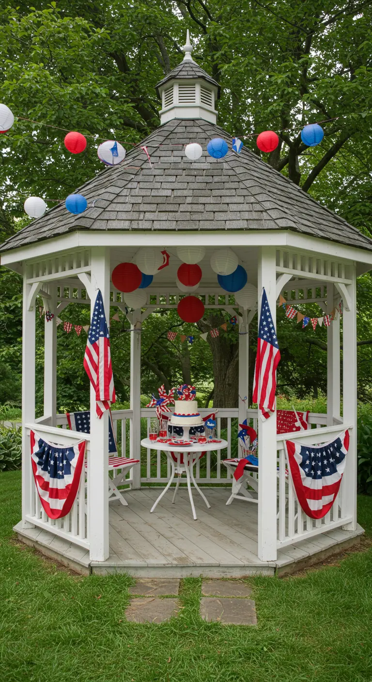 A white garden gazebo decorated with patriotic bunting and flags, with a cake on a table inside.